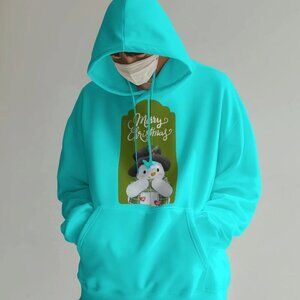 Light Blue Hoodie with Adorable Snowman and Merry Christmas Design -Cozy Holiday